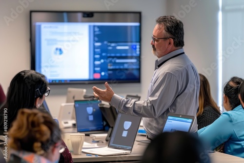 A man standing in front of a classroom full of students, teaching cybersecurity concepts, A cybersecurity specialist training employees on cybersecurity awareness