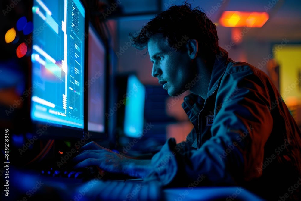 A man is focused on his computer screen, analyzing data and searching for signs of malicious activity, A cyber threat hunter searching for signs of malicious activity
