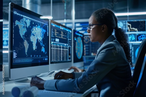 A woman is focused on training employees in cybersecurity on two computer monitors, A cybersecurity specialist training employees on cybersecurity awareness