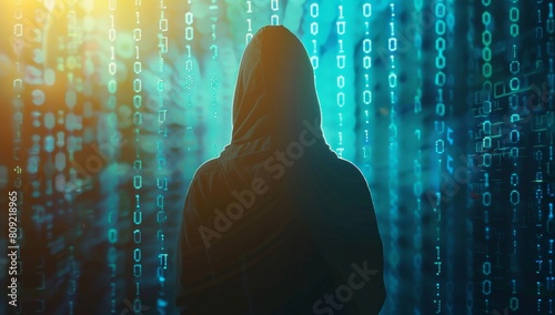 Silhouette of hacker in a hood against a binary code background, with a dark blue color theme Generative AI
