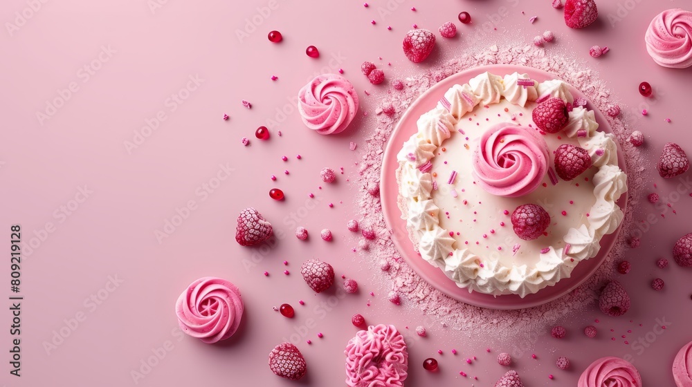A pink cake with white frosting, topped with raspberries against a pink backdrop, adorned with pink sprinkles A pink cake with white frosting, topped with raspberries against a pink backdrop, adorned with pink sprinkles