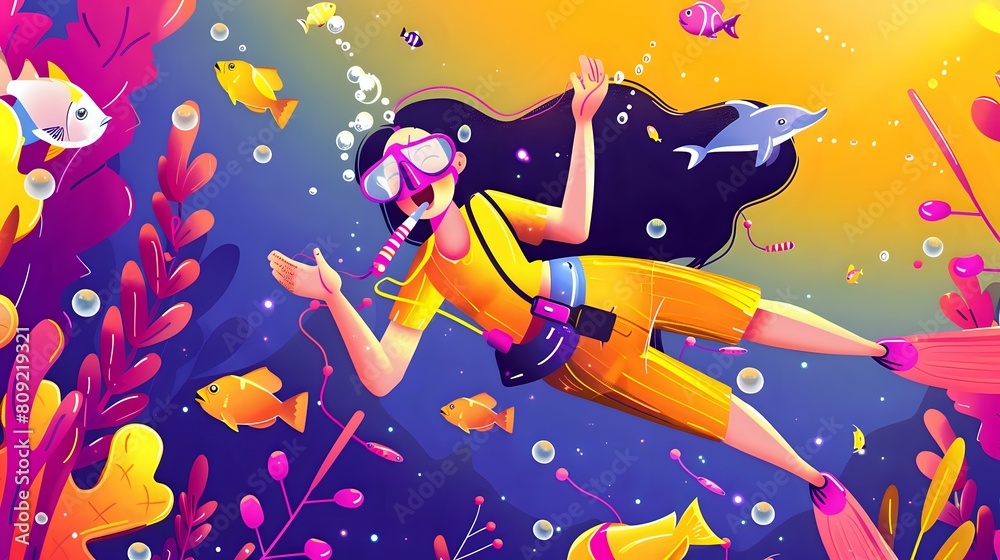 Playful Dolphin Leaps Beside Scuba Diver in Underwater Scene Playful Dolphin Leaps Beside Scuba Diver in Underwater Scene