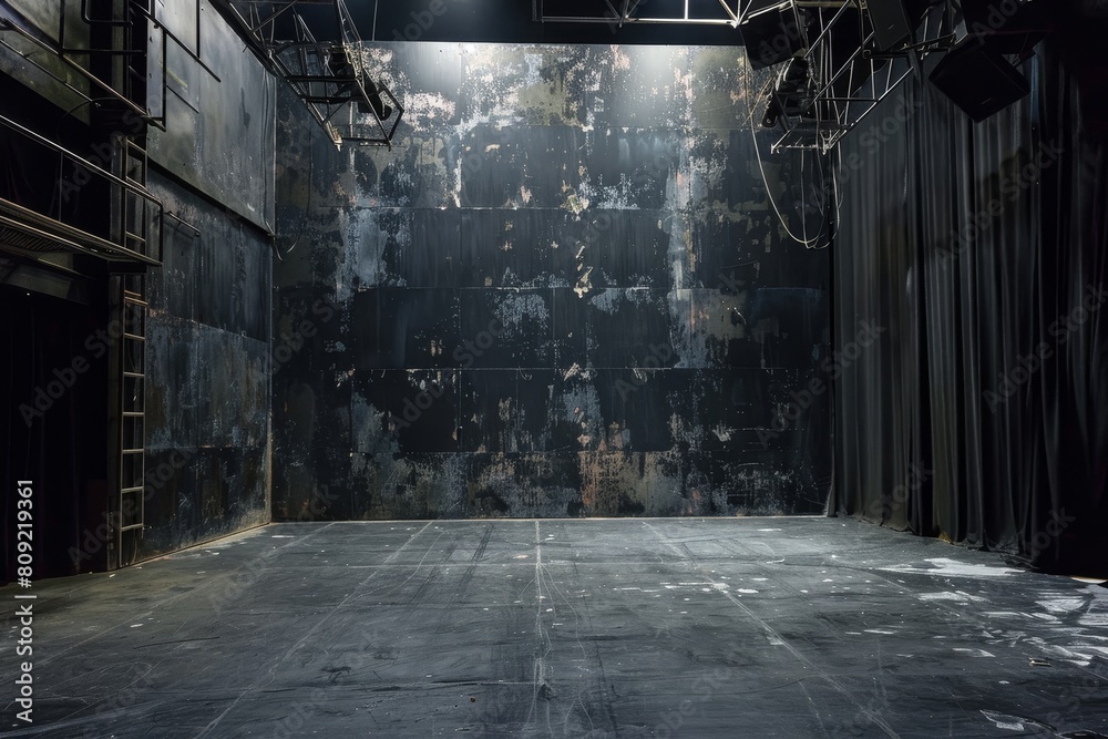 Dark room illuminated by a ceiling light, casting shadows and ...