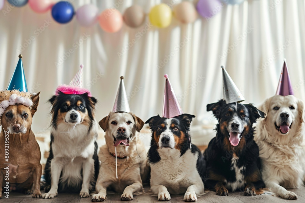 Dogs of different breeds wearing party hats and posing for a group photo.