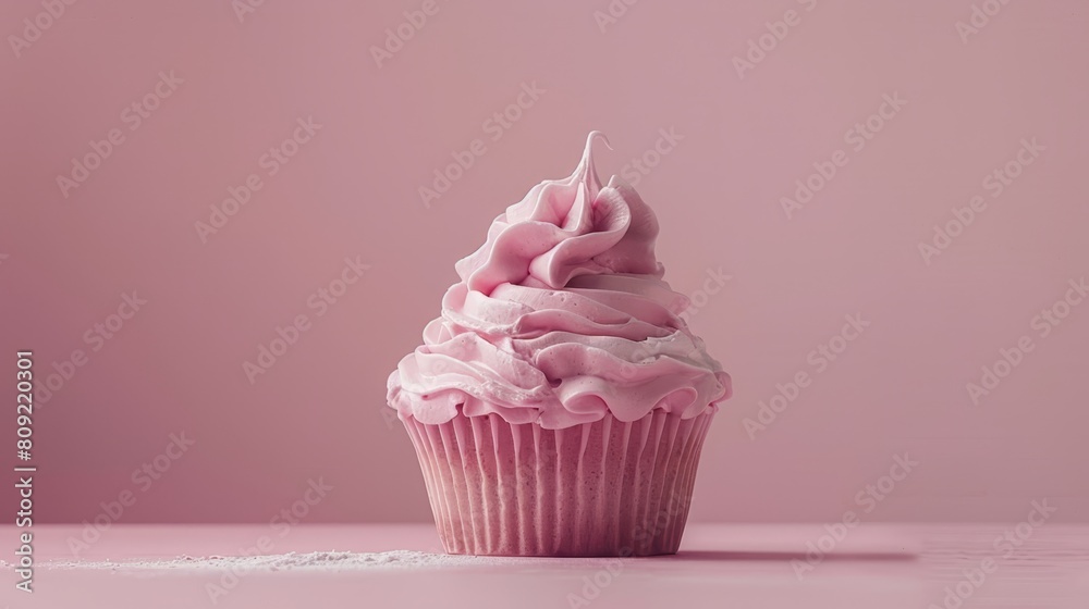   A pink cupcake, topped with white frosting, sits atop a pink surface Its shadow is cast upon the table below