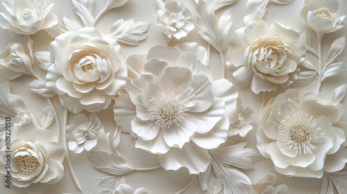 Delicate and detailed background of white paper flowers with soft shadows
