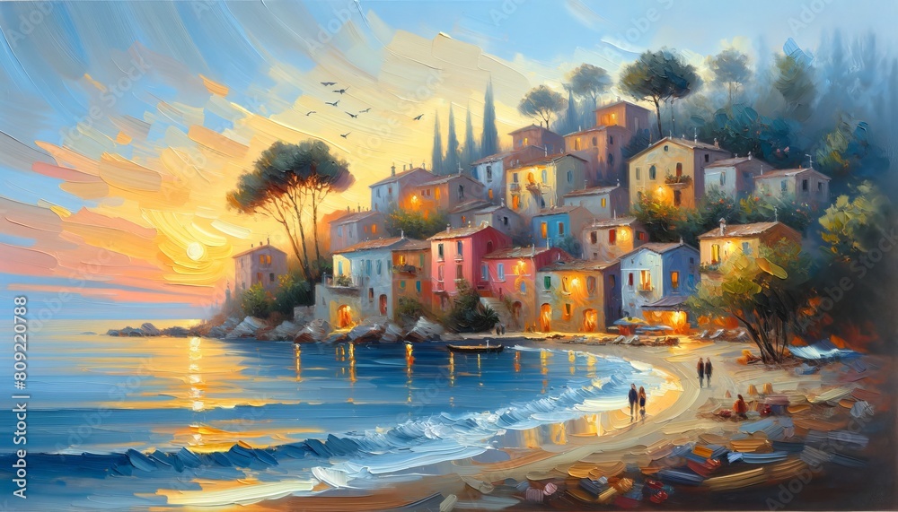 A sleepy coastal village in south Italy, time stands still as houses glow in soft, warm hues under setting sun