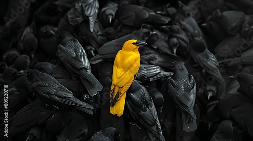 A yellow crow alone among a crowd of black crows, concept of standing out from the crowd as a leader, of being different and unique with its own identity and special skills among the others