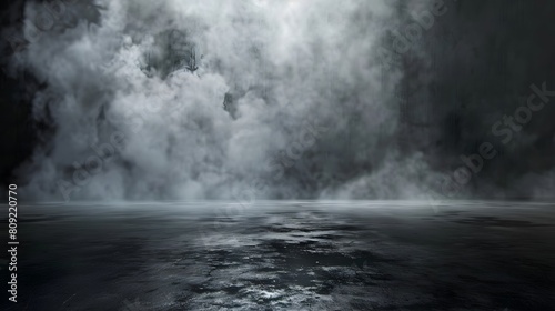 Dark gray background fog and light on floor. Mystical mist. smoke in dark room. Banner show product 