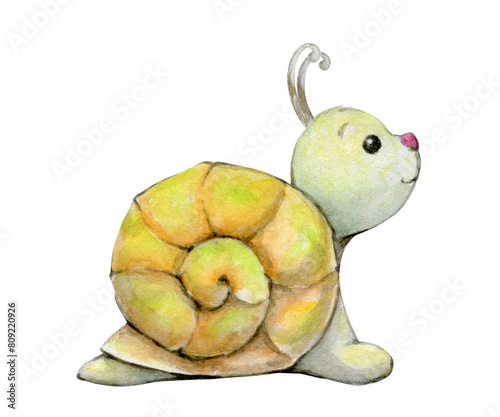 Cute Watercolor Snail: Adorable Illustration of a Tiny Gastropod. Baby clipart on an isolated background. © Natalia