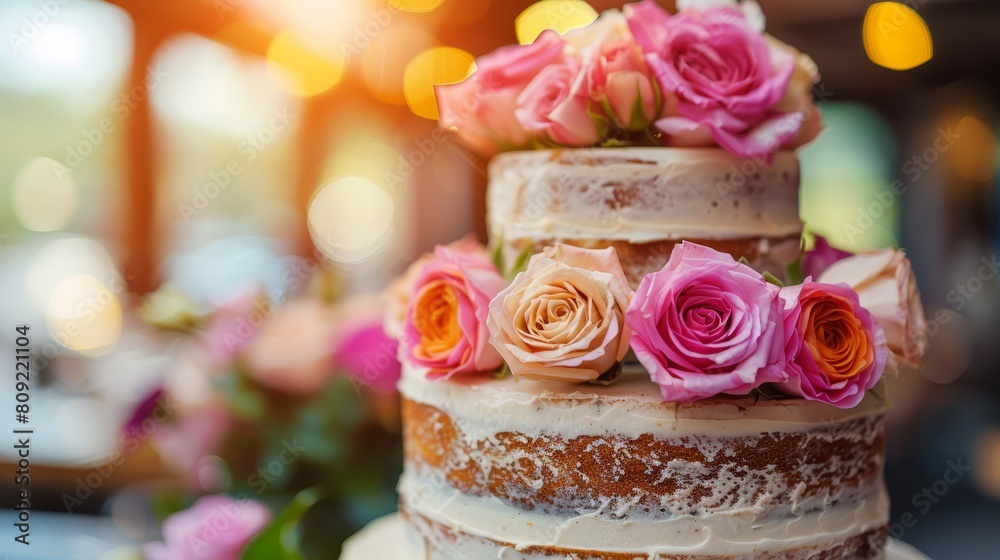  A multi-layered cake, adorned with frosting and pink and orange flowers, rests elegantly on a table