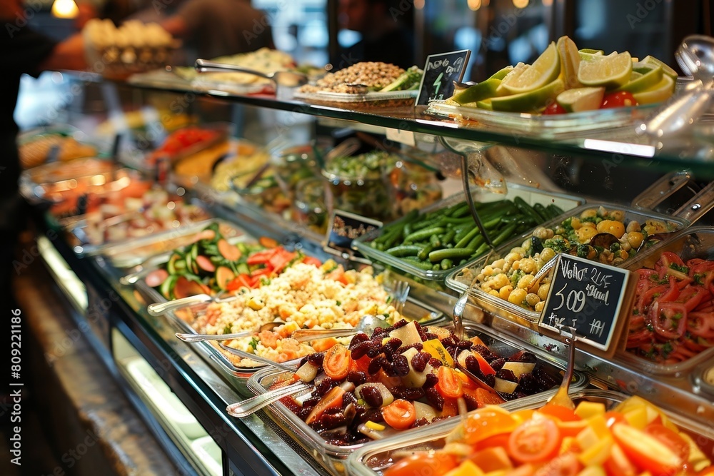 Display case filled with a variety of different types of food items, showcasing a wide range of prepared dishes, A deli counter showcasing an array of prepared foods