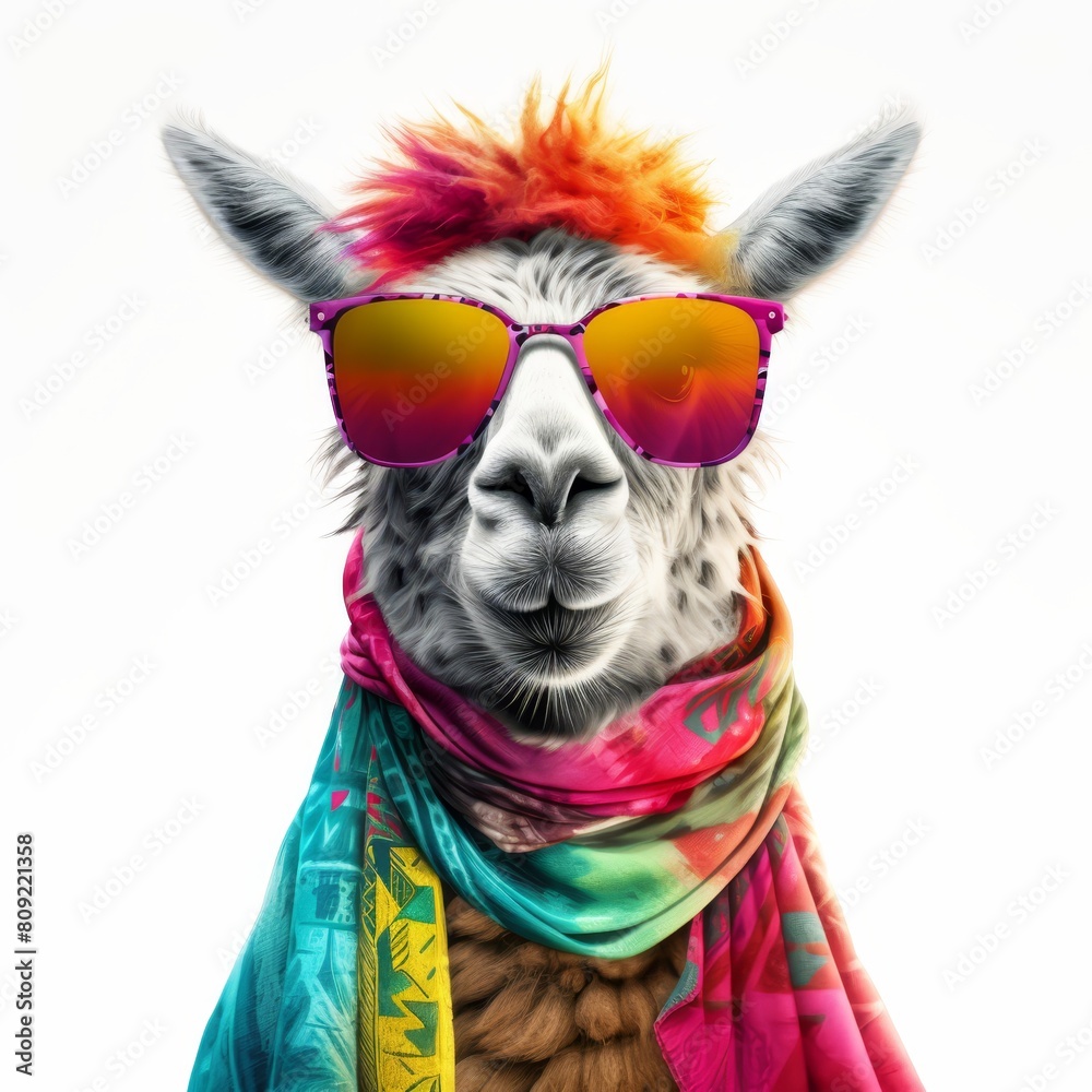 Stylish llama wearing colorful sunglasses and a vibrant scarf