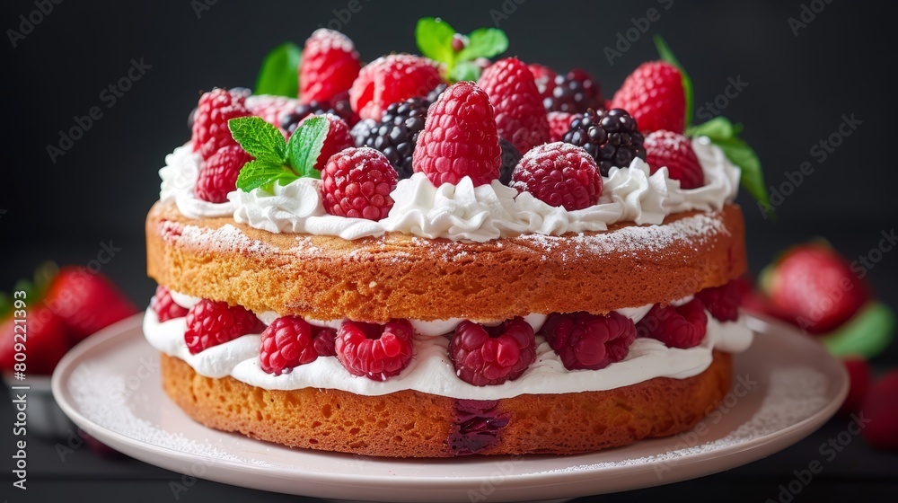 A tight shot of a cake on a plate, adorned with strawberries and raspberries atop A tight shot of a cake on a plate, adorned with strawberries and raspberries atop