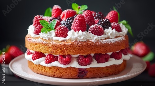   A tight shot of a cake on a plate  adorned with strawberries and raspberries atop