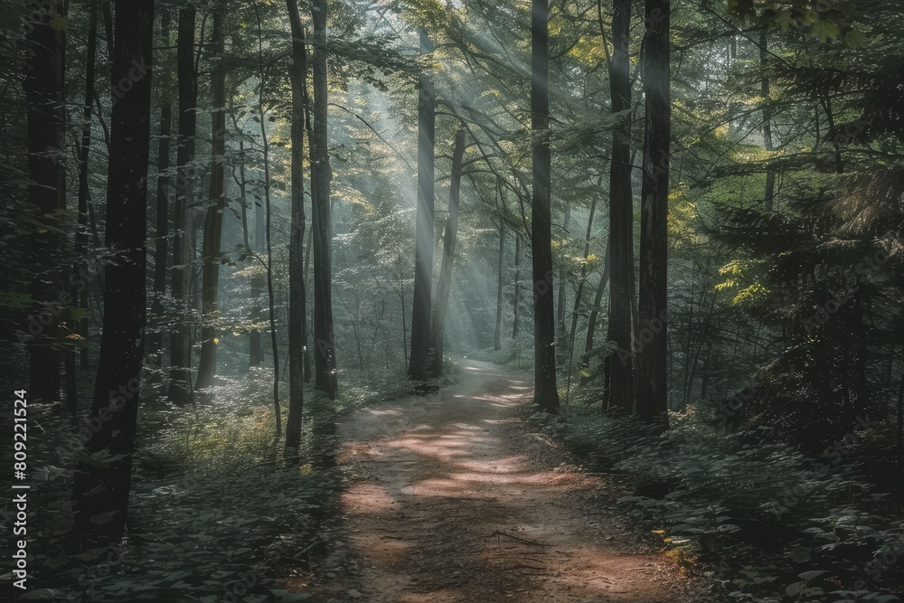 A path winds through a dense forest with sunlight filtering through the trees, A dense forest with dappled sunlight filtering through the trees onto the path