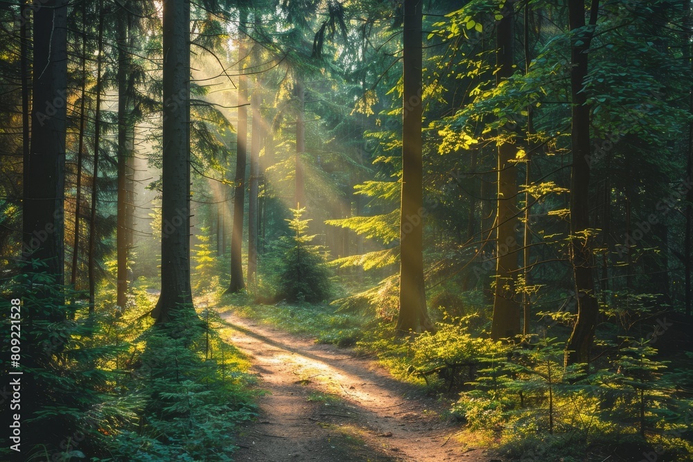 Fototapeta premium A path winds through dense forest, surrounded by towering trees and dappled sunlight, A dense forest with dappled sunlight filtering through the trees onto the path