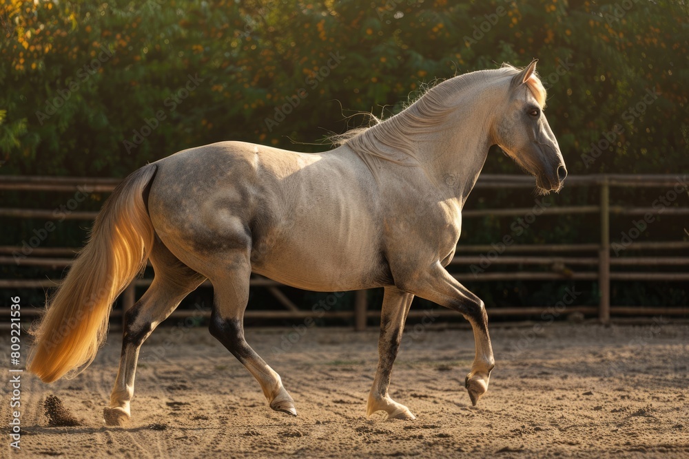 Lusitano Horse - A Majestic Purebred Equine Walking Freely in a Green Field Lusitano Horse - A Majestic Purebred Equine Walking Freely in a Green Field
