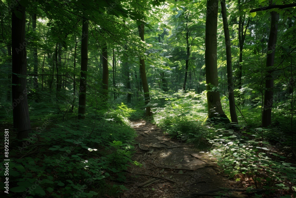 Obraz premium A dirt path meandering through a dense forest with sunlight filtering through the trees, A dense forest with dappled sunlight filtering through the trees onto the path