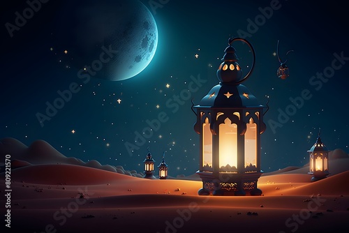 3D rendered Beautiful Islamic background with mosque and lanterns template - ai generative
