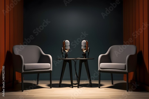 Two chairs and microphones in podcast or interview room isolated on dark background Generative AI 