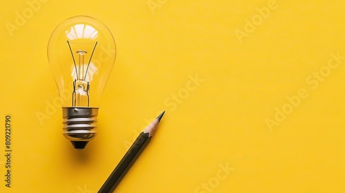 Business creativity and inspiration concepts are conveyed with a lightbulb and pencil against a yellow background, motivating for success and encouraging big ideas.