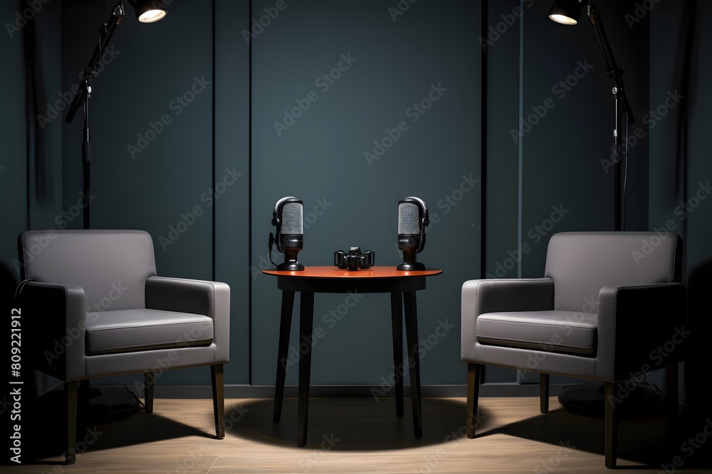 Two chairs and microphones in podcast or interview room isolated on dark background Generative AI
