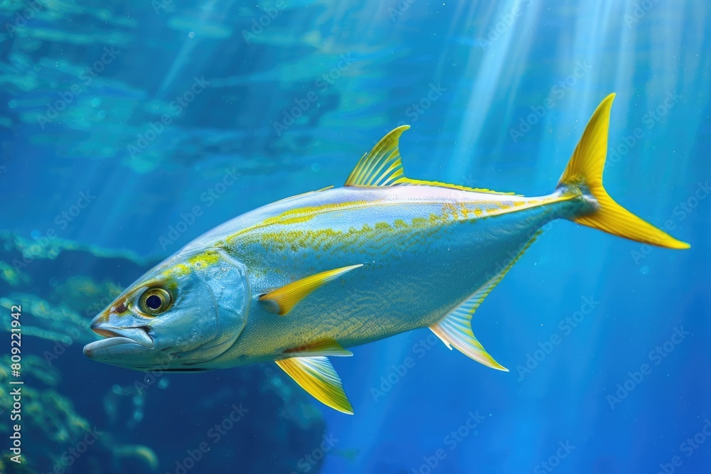 Naklejka premium Kingfish in their Majestic Habitat - Yellowtail Swims Effortlessly through the Blue Underwater World