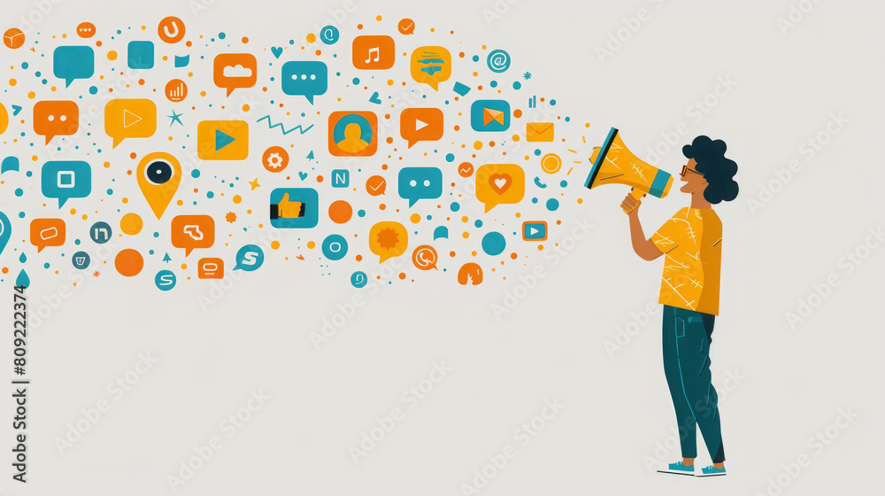 Amplifying Social Media Presence: Man with Megaphone Among Digital Icons Amplifying Social Media Presence: Man with Megaphone Among Digital Icons