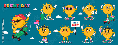 Character Sun in various poses and angles. The sun in stylish shoes with a face, legs and arms for your designs. Sticker, print, poster.Set on blue background.Vector design