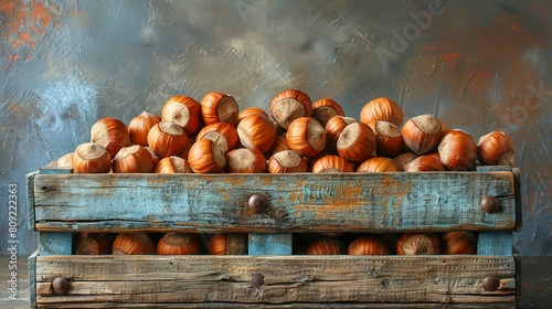  Wooden box full of nuts on top of wooden desk near sky-themed art photo