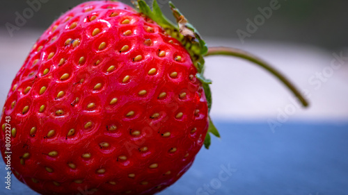 Close up of fresh strawberry showing seeds achenes. Details of a fresh ripe red strawberry. photo