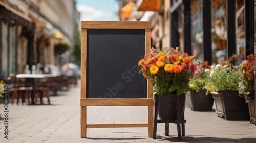 Signboard on the street. Empty menu board stand. Restaurant sidewalk chalkboard sign board. Freestanding A-frame blackboard near flower shop ur cafe. Copyspace for text