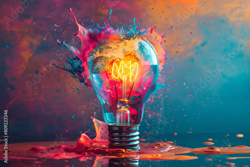 Lightbulb eureka moment with Impactful and inspiring artistic colourful explosion of paint energy	
 photo
