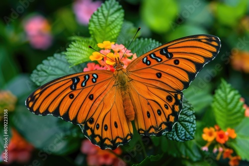 Gulf Fritillary Butterfly on Orange Flower. Close-up Insect Photography of Beautiful Black photo