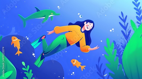 Vibrant Underwater Scene with Jubilant Woman Scuba Diver