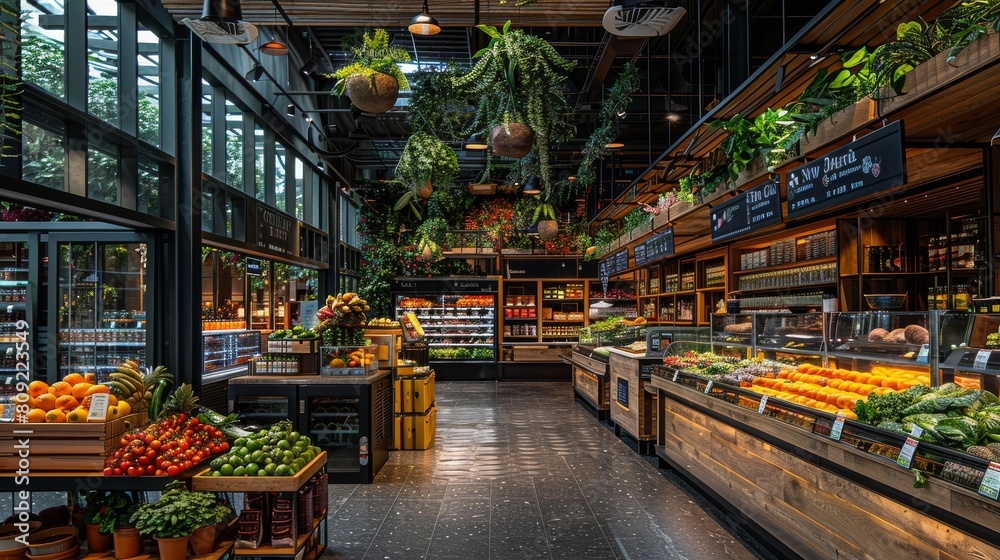 A busy grocery store with people shopping for produce