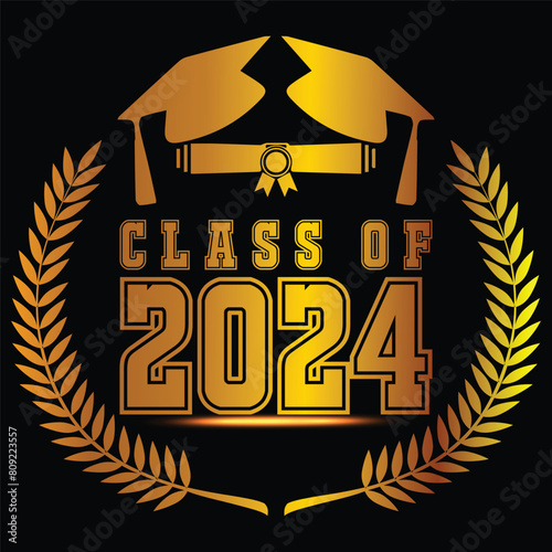 Senior class of 2024 year, happy graduation laurel wreath gold emblem, vector illustration for academic web design
