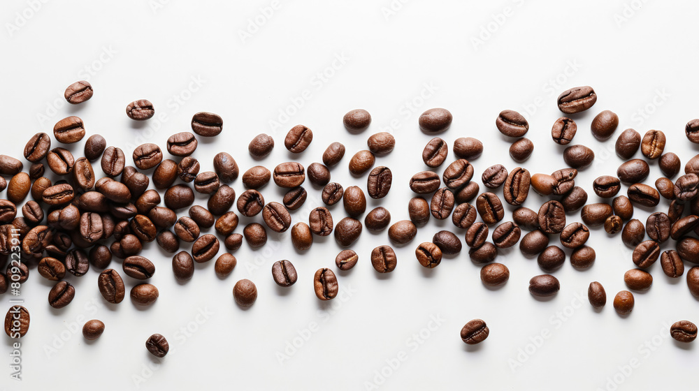 Top view of scattered coffee beans, isolated on a white background with space for text Top view of scattered coffee beans, isolated on a white background with space for text
