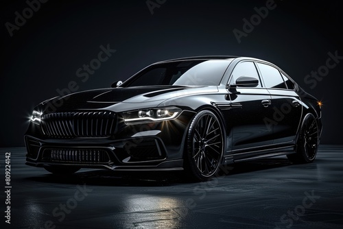 New premium car with glowing headlights on a dark background close-up front view