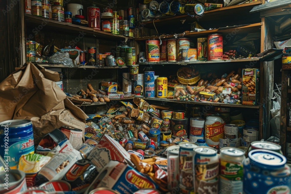 Overflowing Store Full of Food Items, A detailed portrait of a neglected pantry full of expired canned goods and stale snacks Overflowing Store Full of Food Items, A detailed portrait of a neglected pantry full of expired canned goods and stale snacks