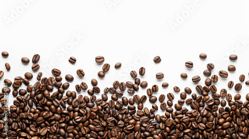 Top view of scattered coffee beans, isolated on a white background with space for text 