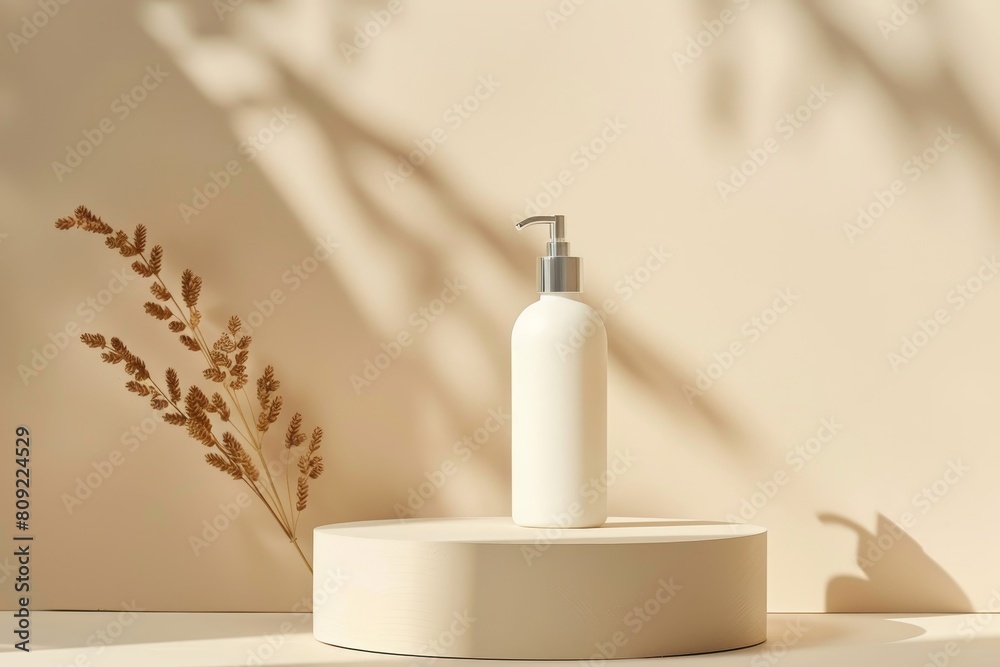 A white bottle of lotion sits on a pedestal next to some dried flowers