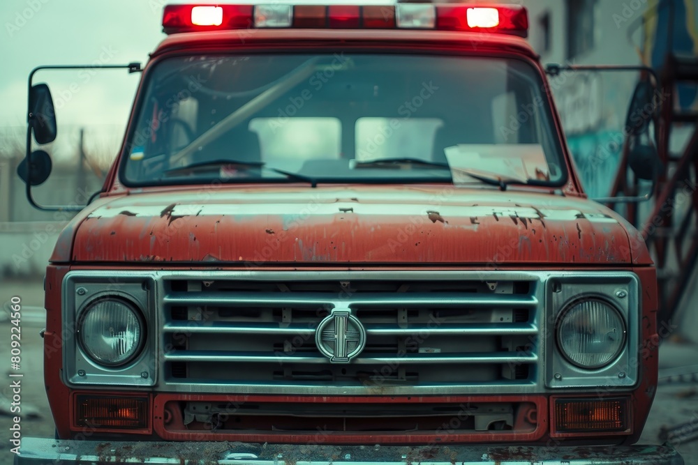 Front view of an old red fire truck illuminated by its lights, A detailed view of the front grill of an ambulance