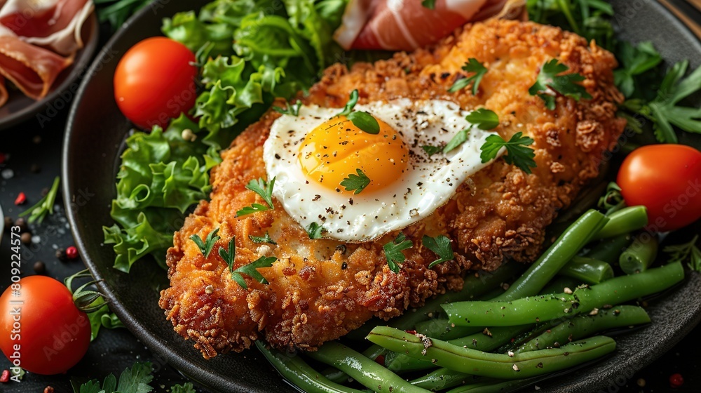 A black plate topped with fried chicken, green beans, and a fried egg on top of a fried egg A black plate topped with fried chicken, green beans, and a fried egg on top of a fried egg