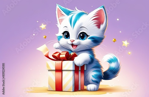 Cute kitten with a gift. Flat cartoon illustration of a happy little kitten hugging a big gift box on blue background.