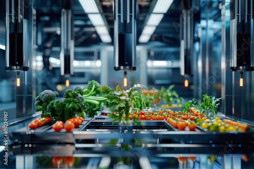 Various vegetables moving along a conveyor belt in a factory setting, A digital artwork showcasing the precision and efficiency of automated food production