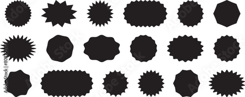 Sticker starburst shape, badge star, sale round price tag, sun circle and oval label, black discount vector icon isolated on white background. Vintage banner set. Simple promotion illustration © Sylfida
