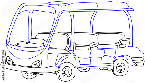 Multi-seat passenger car without doors, mini bus, golf cart. Simple drawing with colored lines