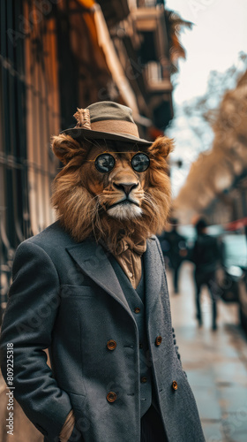 Regal lion roams urban streets in refined attire  epitomizing street style.